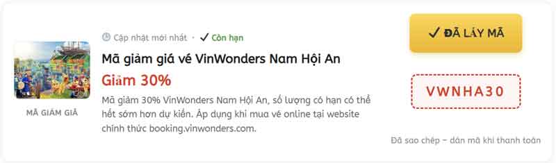 Mã giảm giá vé Vinwonders Nam Hội An